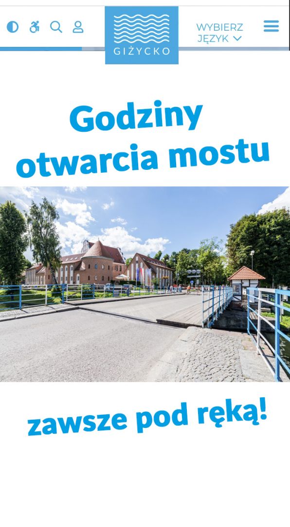 Grafika - most obrotowy i tekst: Godziny otwarcia mostu zawsze pod ręką